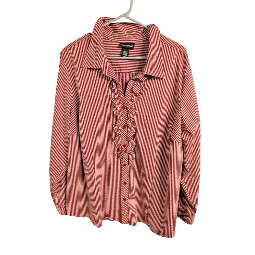 Lane Bryant Women's Red Striped Ruffled Button Up Shirt Plus Size 22/24